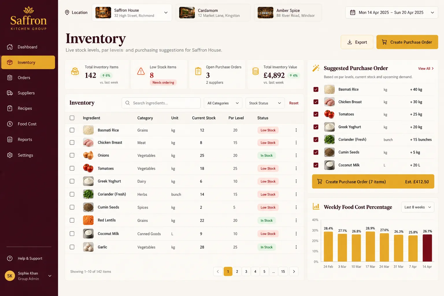 Restaurant stock control designed for Saffron Kitchen Group